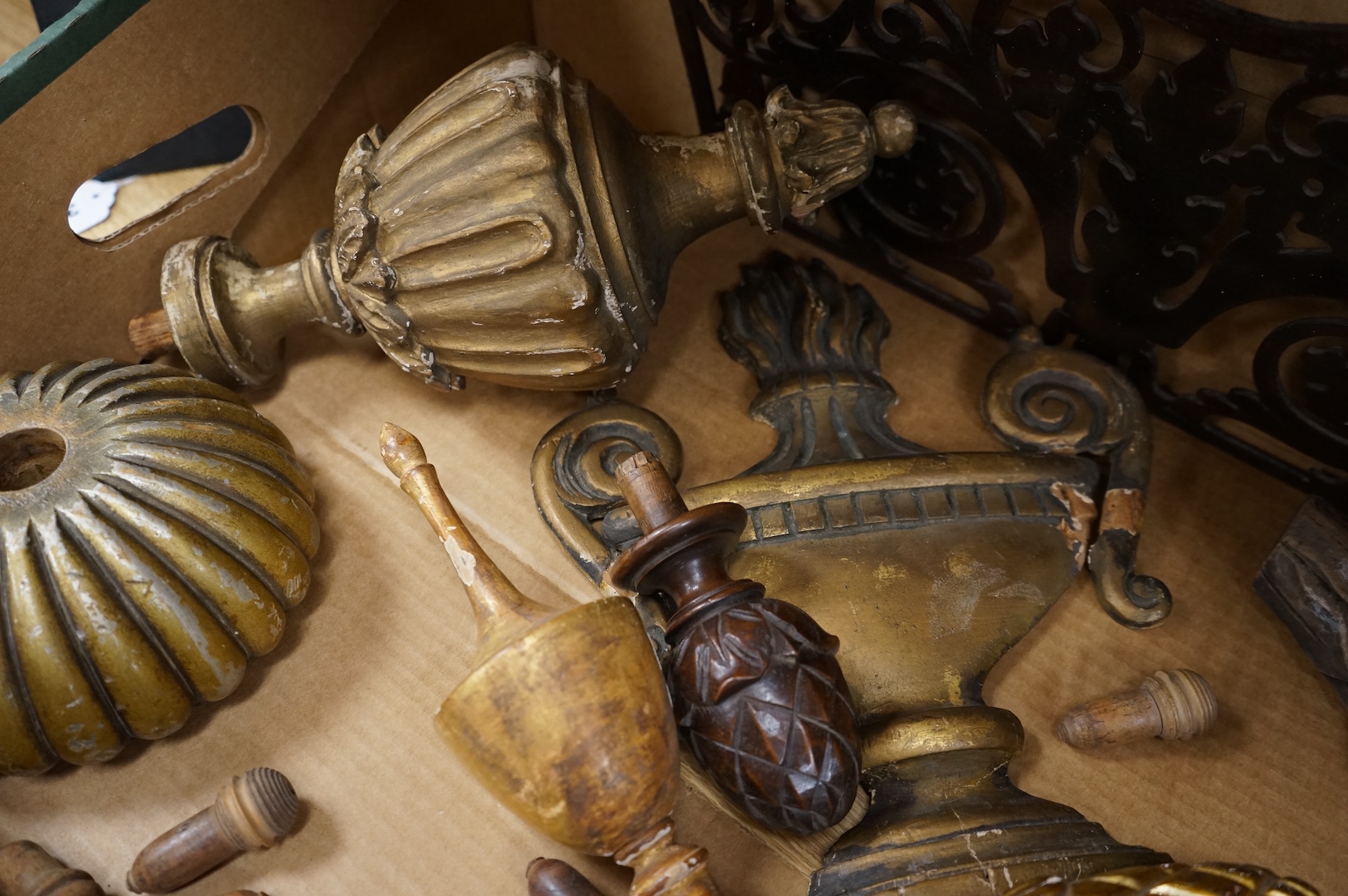 A collection of giltwood and wood ornamental carvings, etc.